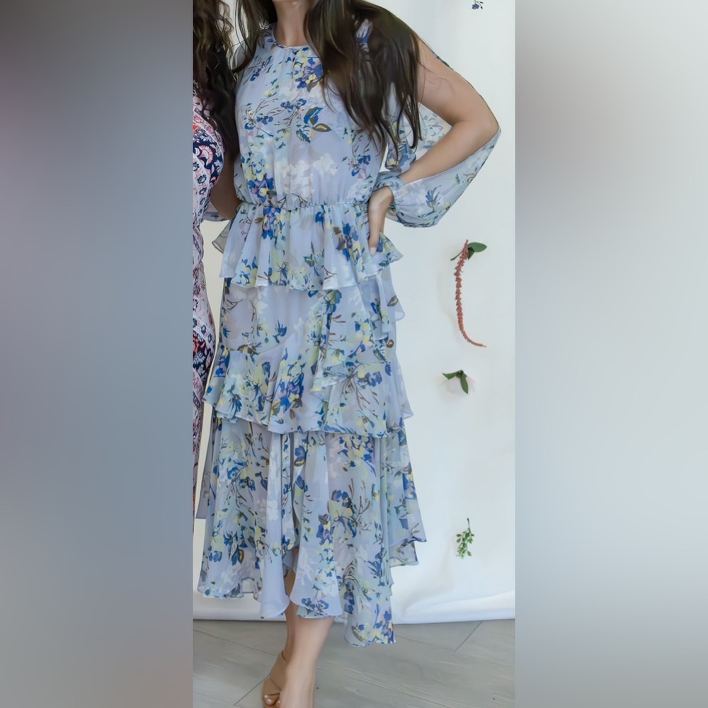 Shades of Blue Floral Ruffle Maxi Dress